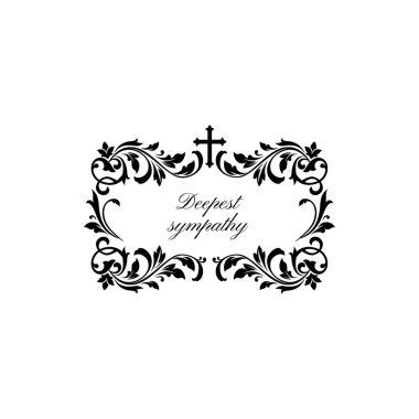 Cenaze çiçeği çelengi ve taziye kurdelesi, ölüm çiçekleri çerçevesi, vektör siyah sınır. Cenaze Töreni ve ölüm ilanı çiçek çelengi. Çapraz ve Derin Sempati Anma Mesajı.