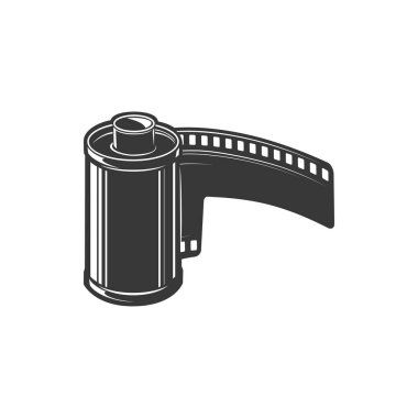 Film şeridi retro video kamera ikonlu monokrom ikonu. Vektör retro video işareti, fotoğraf ya da film kaseti. Görüntü yönetmeni sembolü, film yapım ekipmanı, boş negatif.
