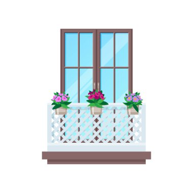 Balkon pencere parmaklıkları ve tırabzan verandası, vektör inşa mimarisi. Evin ön cephesinde ahşap çitli balkon ve korkuluklarda çiçekler klasik klasik villa terası.