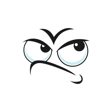 Suspicious emoticon with angry face isolated icon. Vector distrustful emoji with big eyes curved smile, doubtful or questioned smiley line art. Angry disbelief emoticon expression, distrusted sad mood clipart