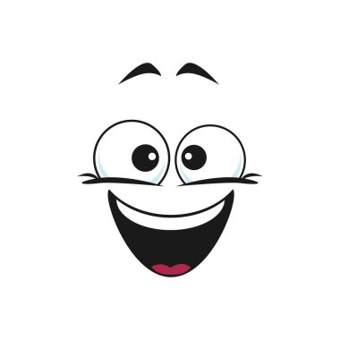 Mutlu emoji etiketi, mutlu ruh hali içinde sohbet robotu. Vektör gülen kafa, dünya gülümseme günü sembolü. Gülen surat, açık ağızlı, komik ifade. Tatmin olmuş emoji, destek merkezi robot avatar simgesi