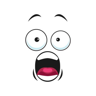 Korkmuş karakter, korku ifadesi, izole edilmiş emoji. Çığlık atan, gülen surat diye bağıran çılgın bir vektör. Bağıran emoji suratı, kötü ruh hali içindeki şok olmuş ifade.