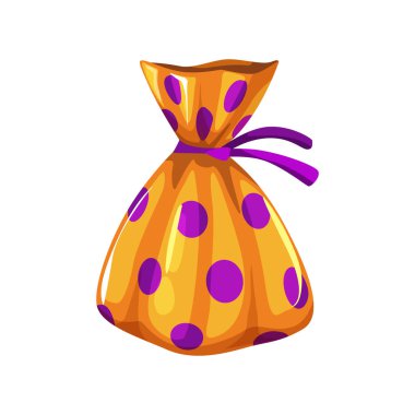 Mor noktalı parlak turuncu folyo kağıdına sarılı gerçekçi çikolata şekerler Cadılar Bayramı şakası ya da atıştırmalık. Tatlı şekerleme maddesinin 3 boyutlu vektör simgesi Praline ganache Belçika çikolatalı şekeri