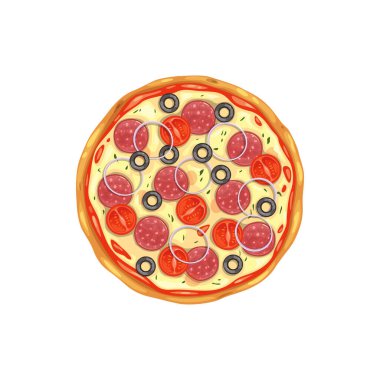Pizza, fast food menü ikonu, vektör izole edilmiş İtalyan mutfağı restoranı ve fast food yemekleri. Salamlı İtalyan pizzası ya da baharatlı Meksika biberli.