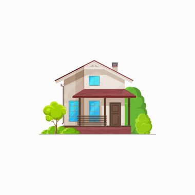 Bahçenin dış cephesi dağ evi ikonunu izole etti. Vektör köy binası, özel mülk dairesi. Villa cephesi, pencereler ve yeşil ağaçlar, verandalı ev