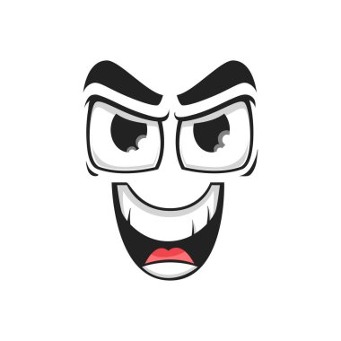 Cartoon face vector gloat laugh emoji with angry eyes and laughing toothy mouth. Malefactor facial expression, funny feelings isolated on white background clipart