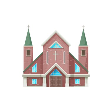 Katolik kilisesi vektör ikonu oluşturuyor. Katedral, şapel ve manastır cephesi, ortaçağ kilisesinin dış cephesi, çan kulesinde haçlı kırmızı tuğlaların Hıristiyan dini mimarisi, izole çizgi film sembolü.