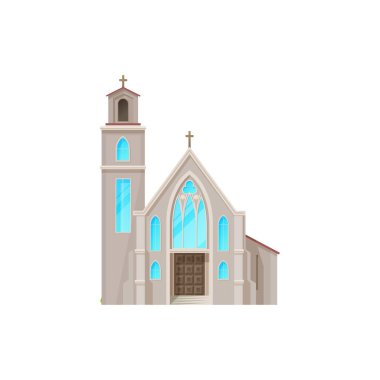 Katolik kilisesi vektör ikonu oluşturuyor. Gotik pencereli ortaçağ katedrali. Kilise ya da manastır cephesi, Hıristiyan kilisesi, Protestan dini mimari dış tasarım karikatür tabelaları.