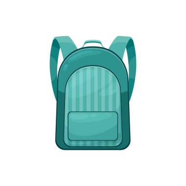 Çocuklar okul çantası, izole edilmiş vektör ikonu, çizgi film öğrencilerinin sırt çantasının içinde cebi yeşil renkte. Yürüyüş çantası, turistik sırt çantası ya da beyaz arka planda okul çantası.