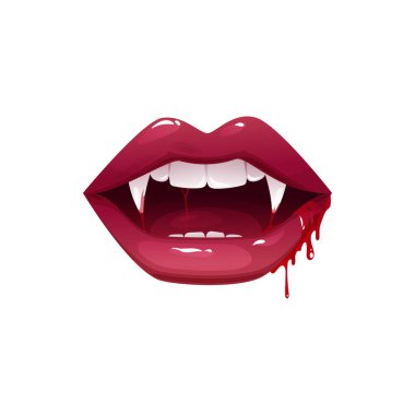 Vampir ağzı ve sivri diş vektör ikonu. Çizgi film açık dişi kırmızı dudaklar, uzun sivri dişler ve kanlı tükürük damlaları beyaz arka planda izole edilmiş duyguları ifade ediyor.