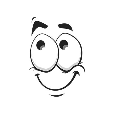 Çizgi film yüz vektör ikonu, komik rüya gören gülümseme emojisi, rüya gibi gevşek yüz ifadesi, olumlu tatmin duyguları, aşık ol ya da beyaz arka planda izole edilmiş rahatlama