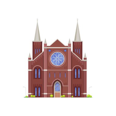 Katedral binası, ortaçağ eski kilisesi veya notre dame, vektör din mimarisi. Kubbelerin üzerinde haç çan kulesi olan Hristiyan tapınağı ya da kilise kilisesi, düz cephe simgesi