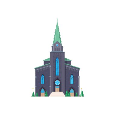 Kilise veya katedral, gotik ortaçağ kilisesi, din inşaatı ve mimari, vektör. Antik tapınak ya da kilise, kilise çan kulesinde Hıristiyan katolik haçı olan notre dame şapeli