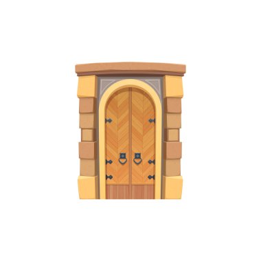 Sahte elementlerle dolu bir kapı, metal saplı eski bir kapı, çizgi film tasarımı. Tahta ve taşın vektör kapısı, peri masalı ya da ortaçağ dikdörtgen girişi. Kaleye, saraya, kuleye girin.