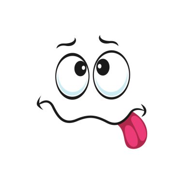 Tuhaf aptal ifade, kıvrımlı gülüşü olan ve dili soyutlanmış birine sataşan. Aptal gözlü vektör ifadesi, garip yüz ifadesi. Garip emoji, çılgın aptal üzgün ifade, lezzetli jest