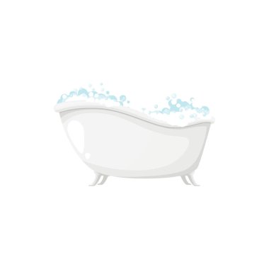 Sabunlu banyo küveti köpüklü ve sabunlu şampuan köpüğü izole edilmiş rahatlama ve spa sembolü. Vektör evi ya da ev tuvaleti aksesuarı, banyo mobilyası. Yıkama, temizlik, banyo ve duş.
