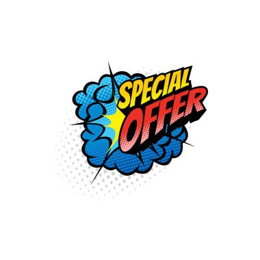 Pop sanat özel teklifi retro karikatür balonu izole ikonu. Vektör bulut lekesi ve balon patlaması. Sınırlı reklam promosyon fiyatının yarım ton sembolü. Özel teklif indirimi reklamı.