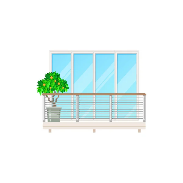 秃顶窗 带围栏或栏杆的房屋立面 矢量建筑 带有玻璃门廊和花卉的现代公寓平台 宾馆或别墅阳台 — 图库矢量图片