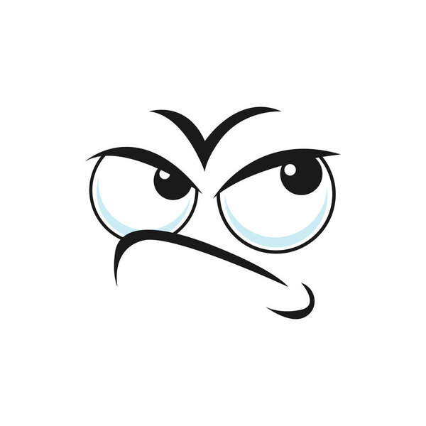 Suspicious emoticon with angry face isolated icon. Vector distrustful emoji with big eyes curved smile, doubtful or questioned smiley line art. Angry disbelief emoticon expression, distrusted sad mood