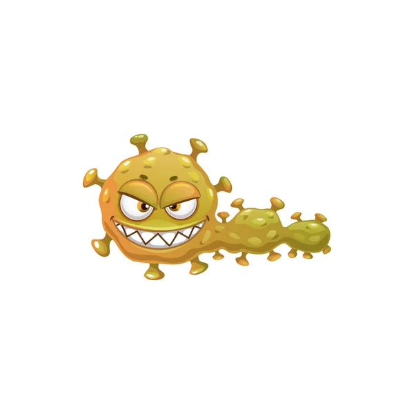 卡通病毒细胞载体图标 愤怒的细菌或细菌吉祥物字符与滑稽的笑脸和锐利的牙齿 病原体微生物或怪物 微生物 黄色毛虫细胞隔离标志 — 图库矢量图片