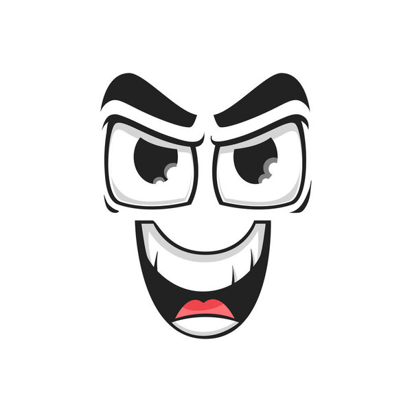 Мультфильм векторное злорадство смеется смайлик с сердитыми глазами и смеется зубастый рот. Злоумышленник выражение лица, смешные чувства изолированы на белом фоне