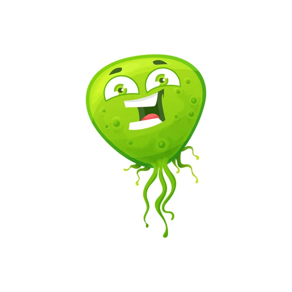 卡通病毒细胞载体图标 可爱的绿色细菌 快乐的笑着的细菌字符与滑稽的脸 用大眼睛微笑病原体微生物 孤立的微生物符号 — 图库矢量图片