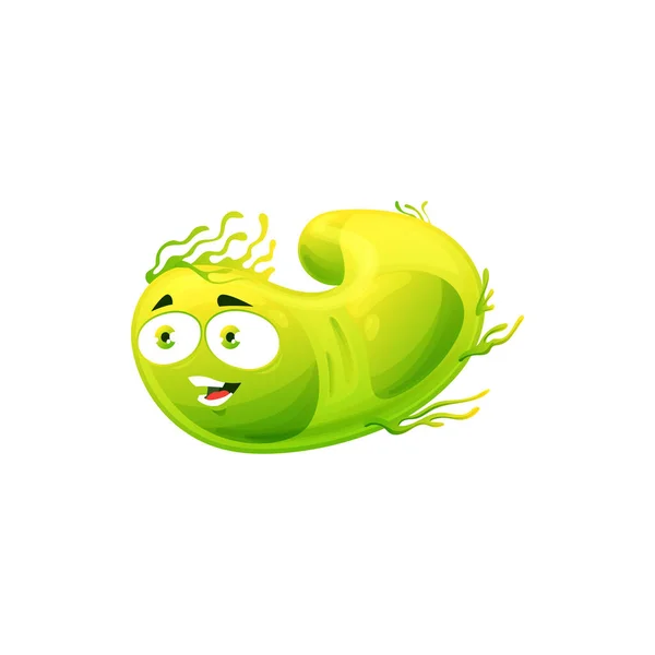 漫画ウイルス細胞ベクターアイコン かわいい緑の細菌 面白い顔をした幸せな生殖文字 微笑む病原体微生物の感情 孤立した移動微生物のシンボル — ストックベクタ