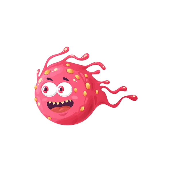 漫画ウイルス細胞ベクターアイコン かわいい細菌や面白い顔と鋭い歯を持つ生殖マスコットキャラクター 微笑み病原体微生物の怪物 微生物の笑顔 ピンクのセルの動き隔離されたサイン — ストックベクタ