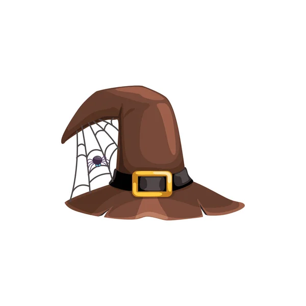 漫画の魔女の帽子のベクトルのアイコン Web上に座っているギザギザのブリム 金のバックルとクモと茶色の魔術師の頭の摩耗 ハロウィンパーティーの衣装 白い背景に隔離されたウィザードキャップ — ストックベクタ