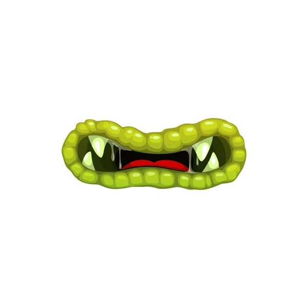 モンスターの口 ベクトル不気味なゾンビや鋭い歯を持つエイリアンの顎 緑のにきび唇と良い滴り落ちる唾液 白い背景に隔離された漫画ハロウィンの生き物の口 — ストックベクタ