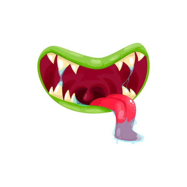 モンスターの口ベクトルアイコン 長い舌と鋭い黄色の歯を持つ不気味な顎 ハロウィンの生き物 エイリアンや悪魔の轟音の芝生とともに白い背景に隔離された緑の唇 — ストックベクタ