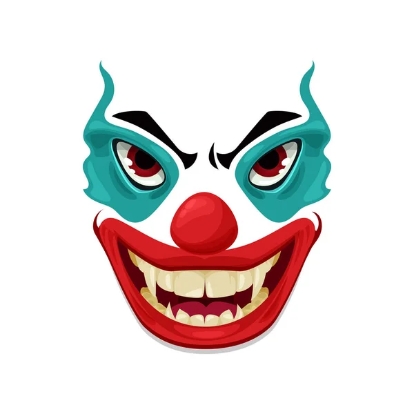 可怕的小丑脸矢量图标 滑稽面具化妆 红鼻子 愤怒的眼睛和令人毛骨悚然的笑与锐利的牙齿 万圣节人物情绪 孤立的恐怖生物情绪 — 图库矢量图片