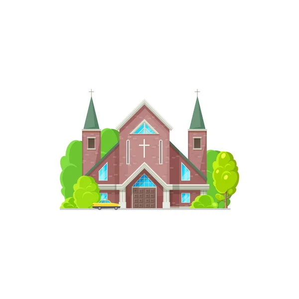 Catholic or evangelical church isolated religion architecture. Vector medieval cathedral, steeple tower to hold wedding and funeral ceremonies, facade exterior design, trees. Easter holiday church