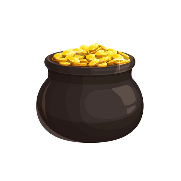 金のベクトルのアイコンを持つポット Leprechown宝 黄金のコインを持つ釜 白の背景に隔離されたお金 アイルランドのストパトリックデーの漫画の孤立したシンボル — ストックベクタ