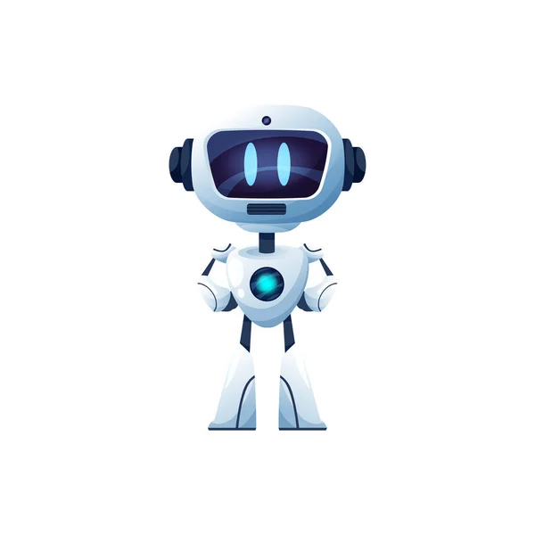 卡通机器人矢量机器人 玩具或机器人字符 人工智能技术 友好的人化机器人 手臂叉腰 数字发光脸 可爱的独立电子聊天机器人 — 图库矢量图片