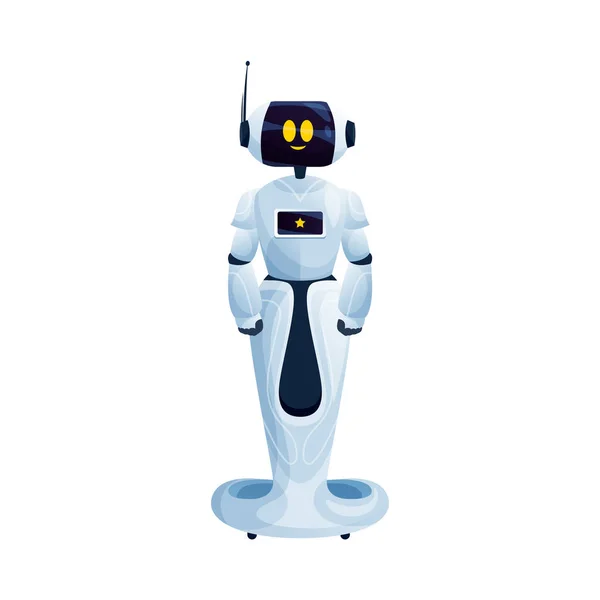 机器人的仿生助手在移动的立场上 友好的助手与天线在手 矢量电子机器人 未来主义的科幻机器人 Android遥控玩具 智能机器人助理聊天机器人 — 图库矢量图片