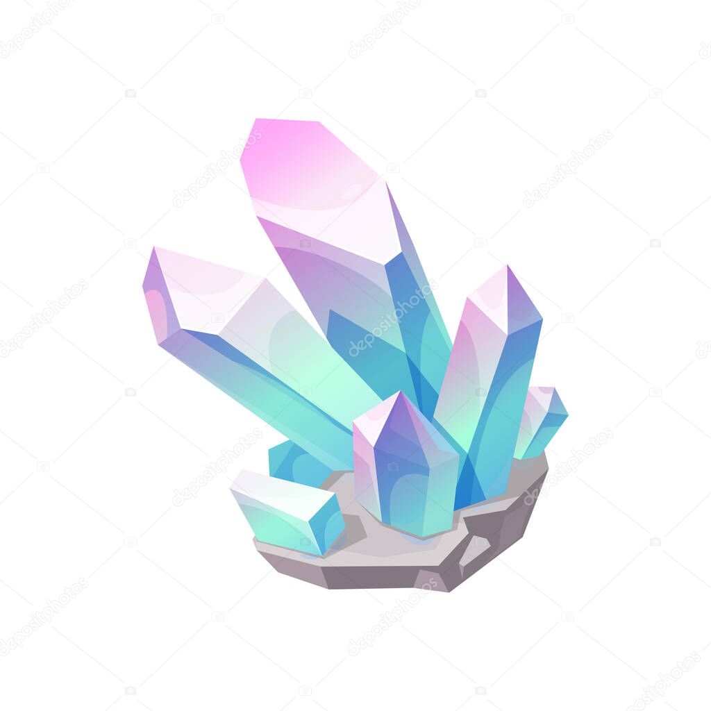 Crystal gem stone, quartz jewel or gemstone icon, vector mineral rock. Diamond crystal or pink blue ice, game jewelry glass or purple turquoise rhinestone, flat isolated amethyst or topaz