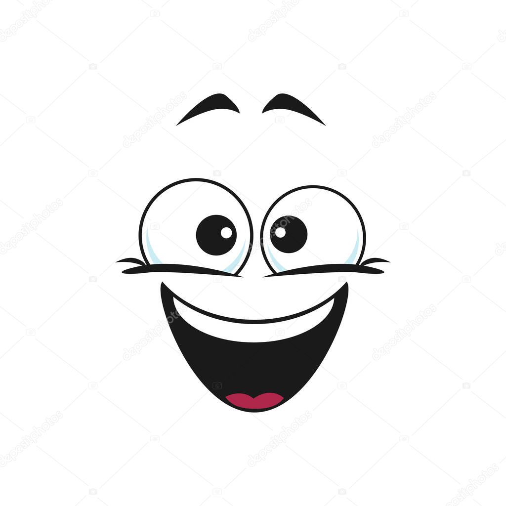 Happy emoji sticker, person chatbot in good mood isolated. Vector laughing head, world smile day symbol. Smiley with open mouth, funny emoticon. Satisfied emoji, support center bot avatar icon