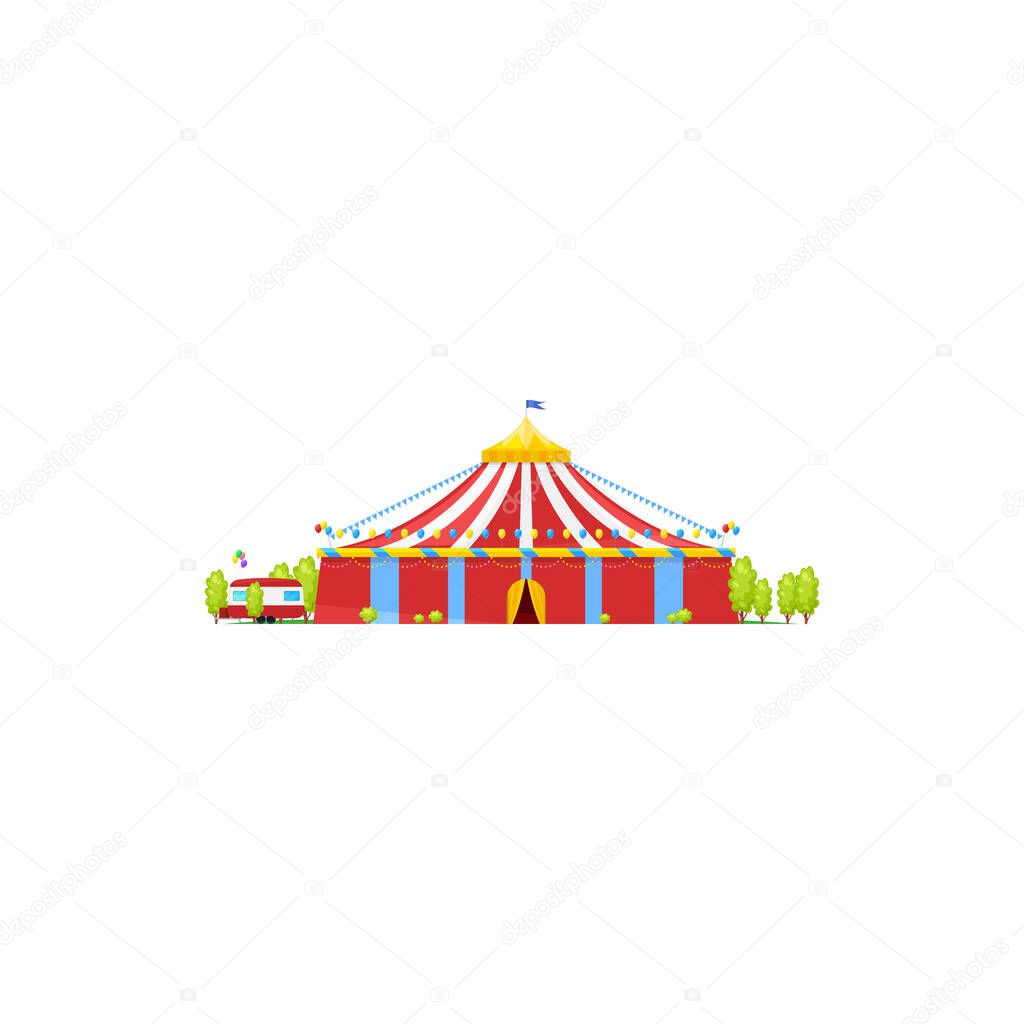 Striped circus tent isolated entertainment building exterior design. Vector facade of big top circus, trailers and trees. Red marquee with flag on top, amusement awning of traveling circus chapiteau