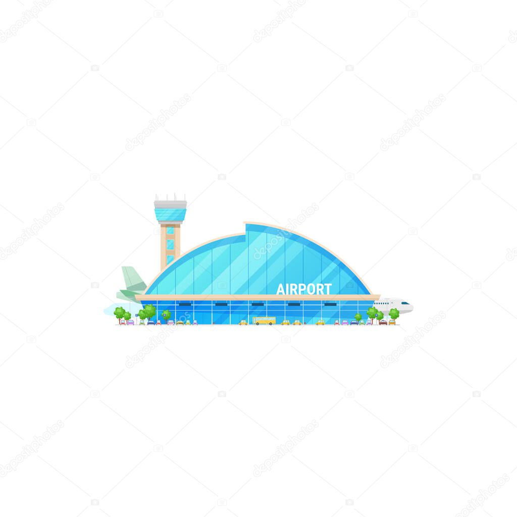 Concourse airport building isolated city airport facade, taxis and buses, sky harbor. Vector terminal, airplanes and control tower, plane jet at airfield, public skyline port oval glass construction
