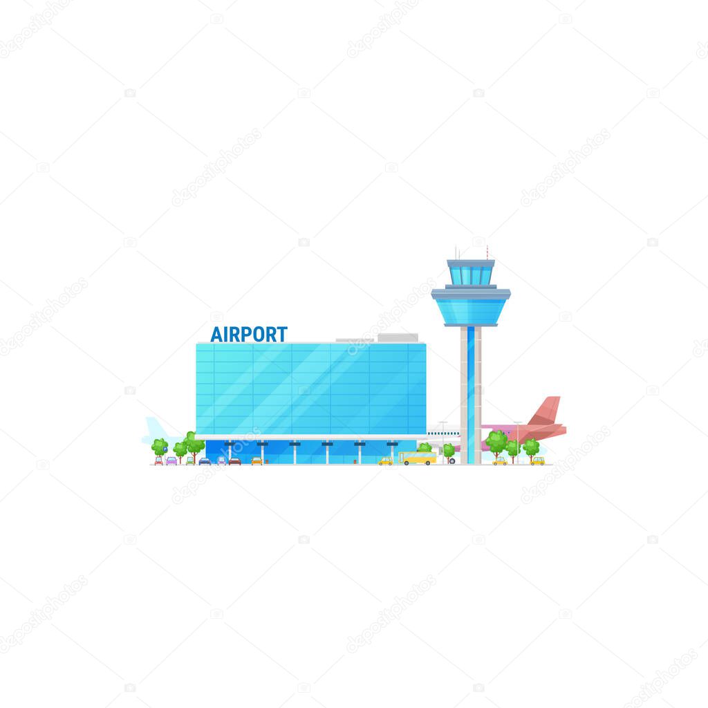 Airport with plane jet at airfield, skyline port building isolated. Vector modern city airport facade, taxis and buses, sky harbor. Terminal with traffic control tower. Airplanes company construction