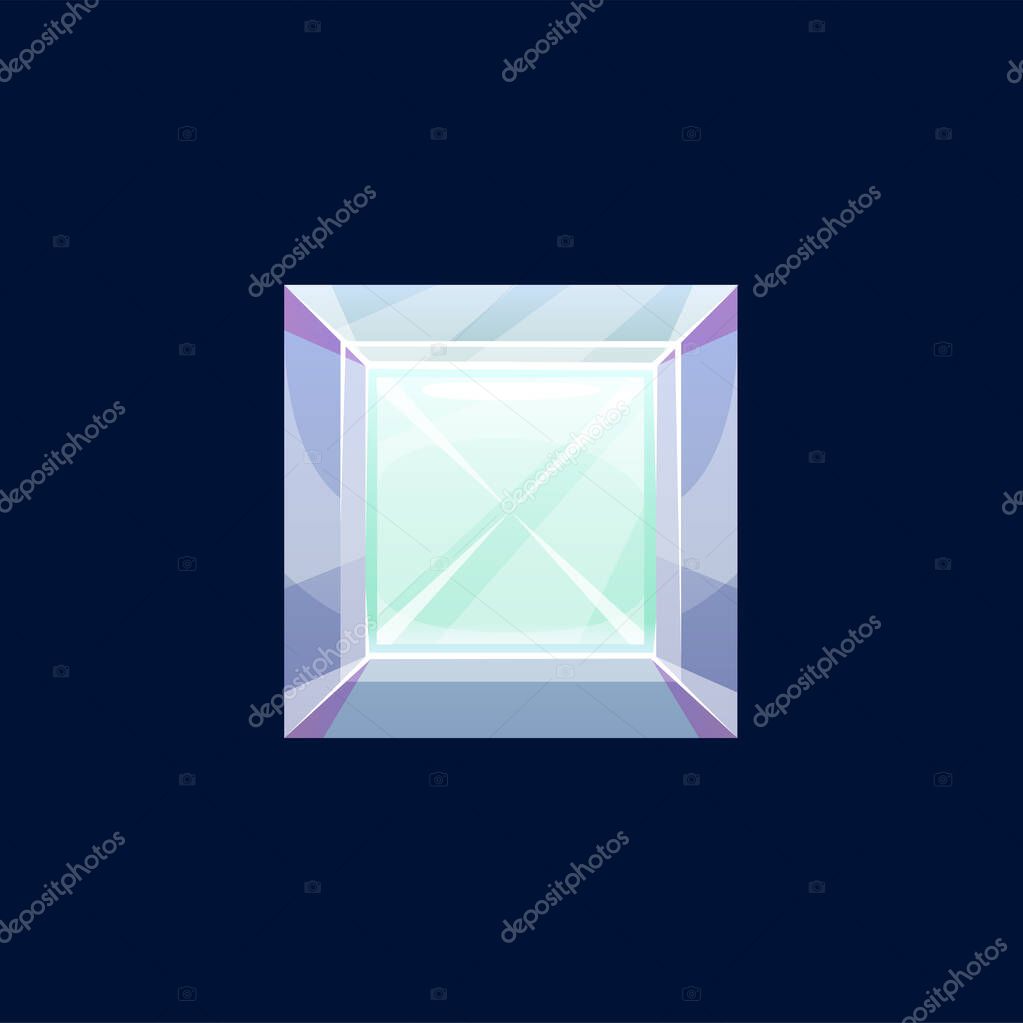 Gem stone or magic crystal vector icon. Violet or turquoise faceted square rock, mineral, glass or quartz, crystalline gemstone or rhinestone jewelry, mineralogy isolated cartoon sign