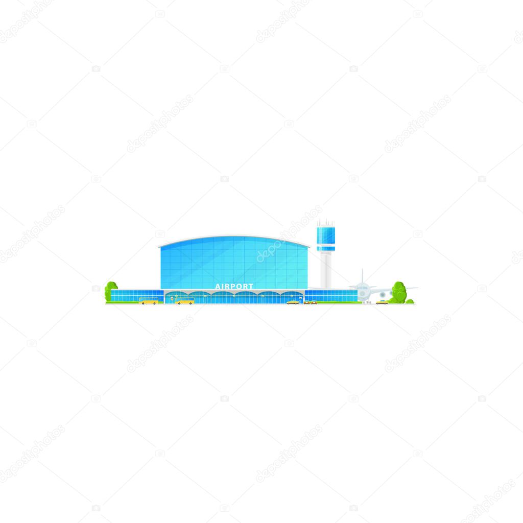 Concourse airport building isolated modern terminal icon. Vector airplanes and control tower, plane jet at airfield, public skyline port. Modern city airport facade, taxis and buses, sky harbor