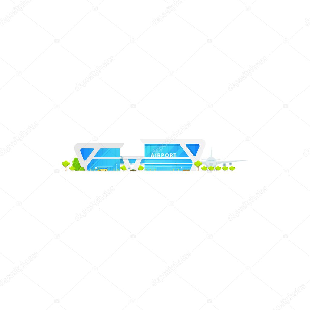 Concourse airport terminal building and airplanes isolated icon. Vector glass airport construction, public buses and taxis, airfield entrance. International airlines facade exterior, sky avia station