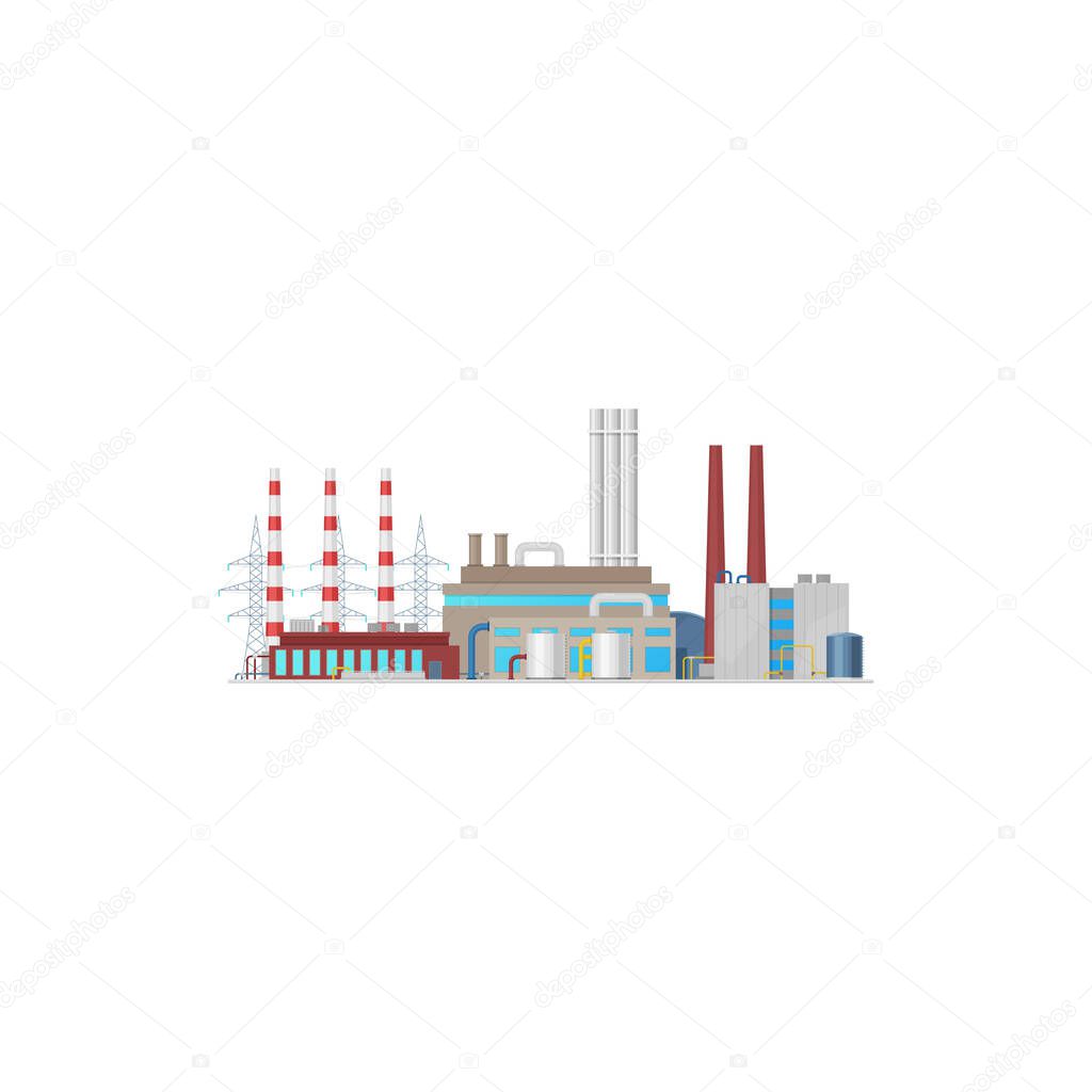 Plant, energy and power factory industry, vector electric station towers. Power plant icon, nuclear, chemical or thermal factory building with turbines, boilers and chimneys, oil production pipeline