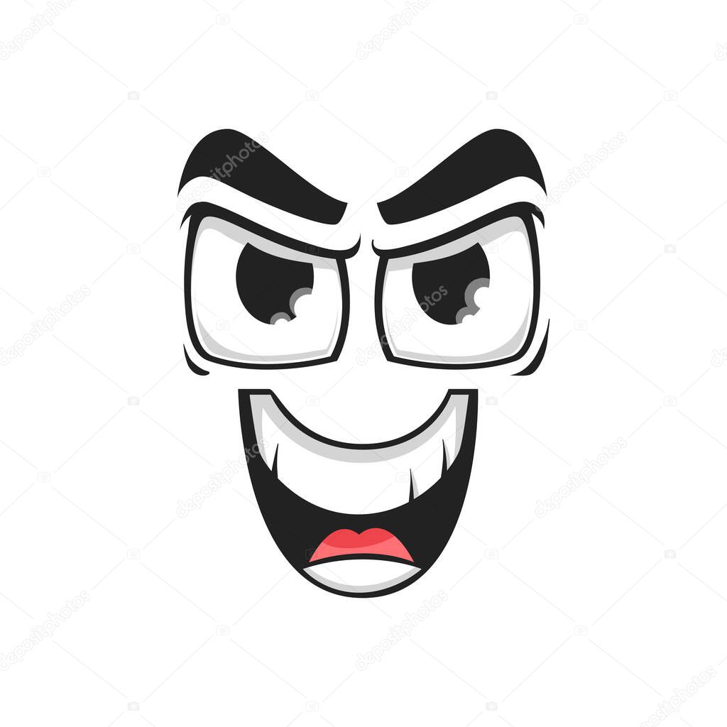 Cartoon face vector gloat laugh emoji with angry eyes and laughing toothy mouth. Malefactor facial expression, funny feelings isolated on white background
