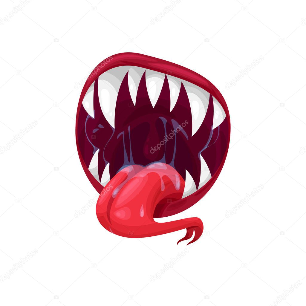Monster mouth vector icon, creepy jaws with forked long tongue and sharp teeth, Halloween creature, alien or devil roar slobbering maw isolated on white background