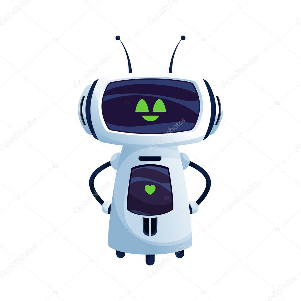 Smart robot, cyborg scientific technologies android isolated icon. Vector funny robot with broad smile, robotic machinery character. Droid to discover outer space and galaxy, hi-tech automaton