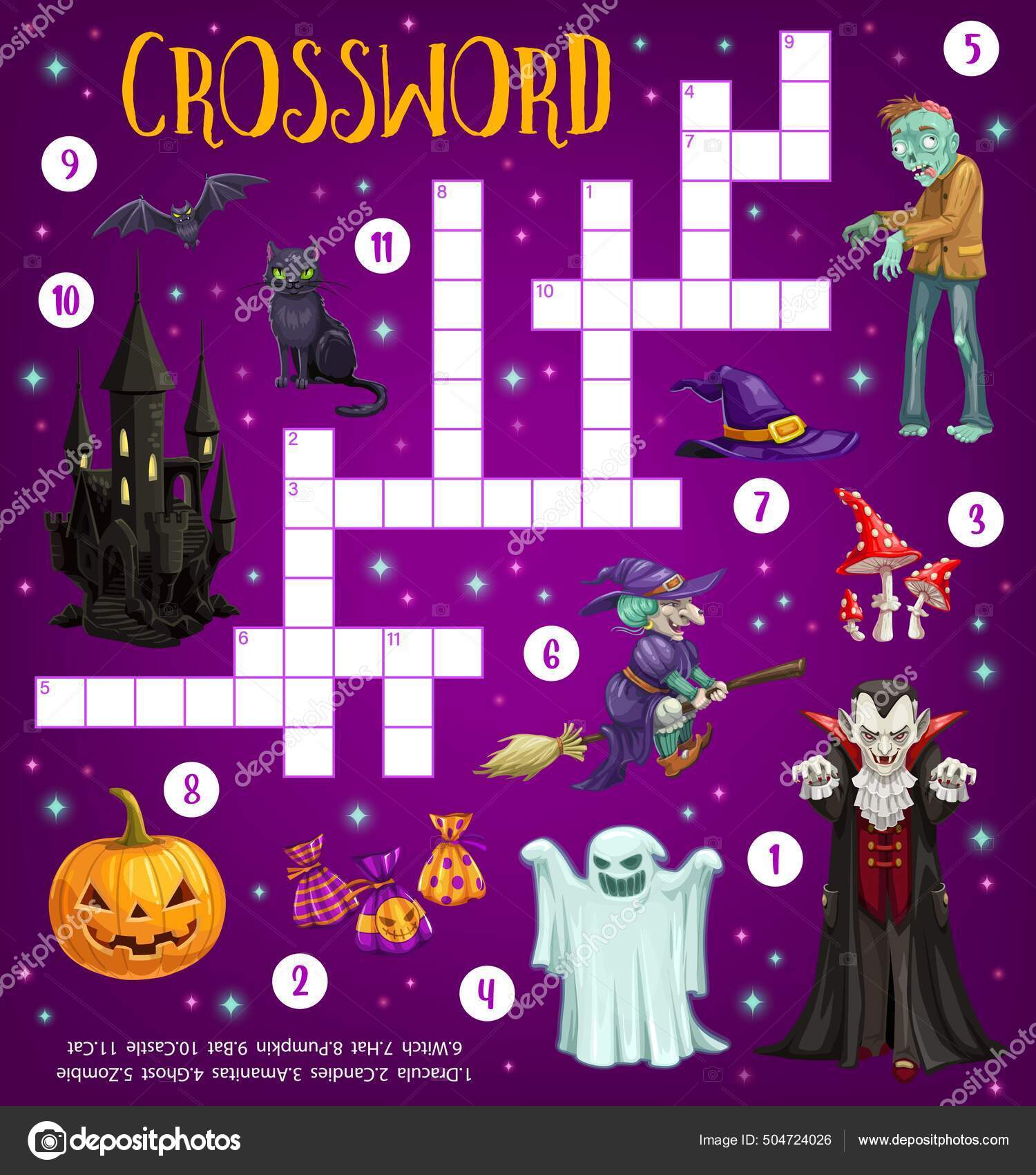 Planilha de quebra-cabeça de palavras de halloween com desenho de  feiticeiro, bruxa, abóbora e fantasmas. quiz de palavras para crianças ou  grade de jogos de enigmas com fantasmas de terror de halloween