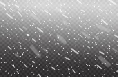 Şeffaf arkaplanda gerçekçi kar yağışı, vektör kış Noel karı veya kar fırtınası. Üst üste efektli kar veya kar taneleri, yeni yıl için beyaz buz veya kar taneleri